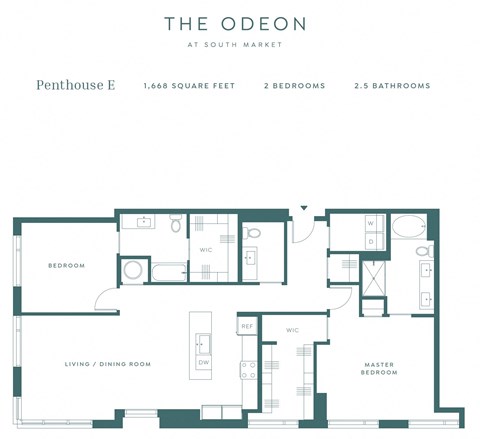 Floor plan for 2 beds, 2.5 baths, 1668 sqft